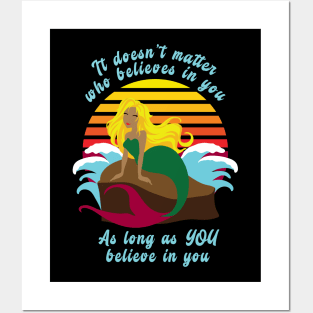 Retro Sunset with Mermaid, "Believe in YOU" Inspiration Posters and Art